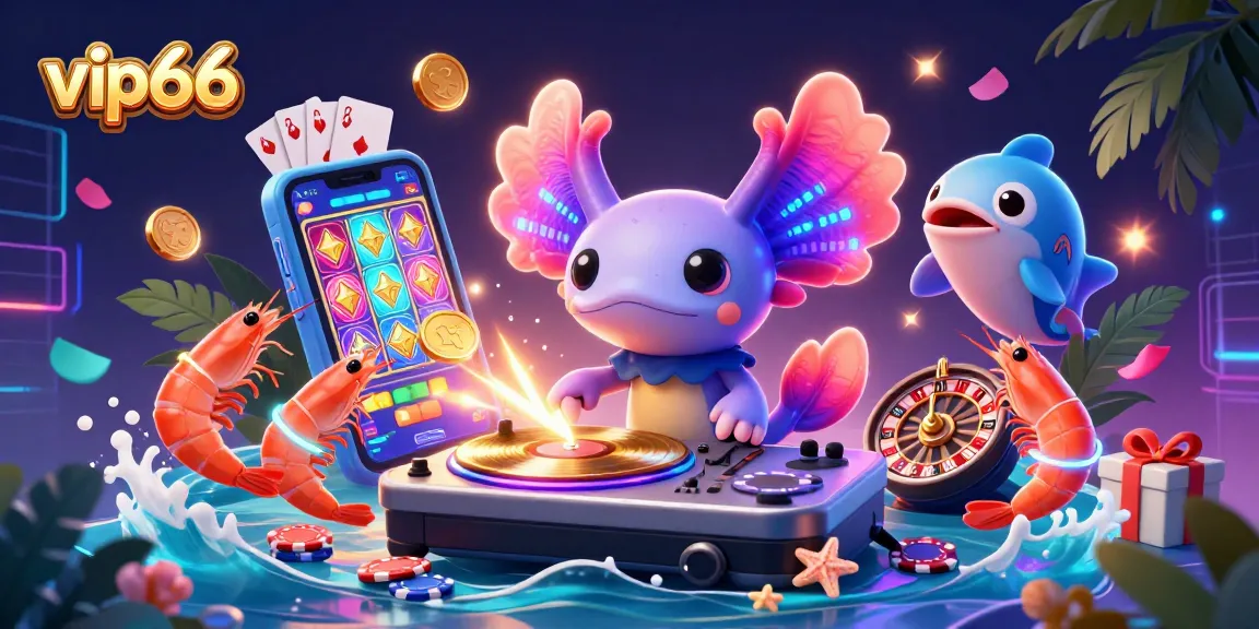 Experience the vibrant world of vip66 with a lively DJ axolotl, dancing shrimp, and casino elements.