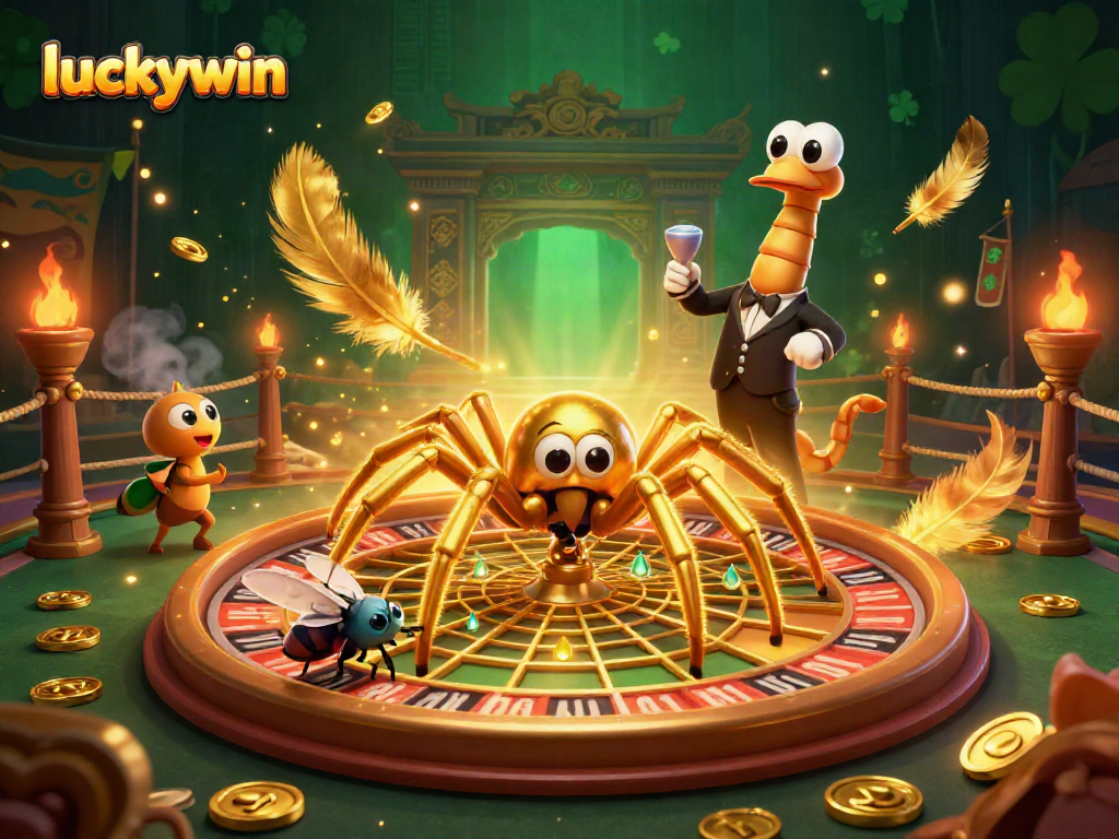 Experience thrilling bets with luckywin in a lively casino scene featuring a spider and centipede.