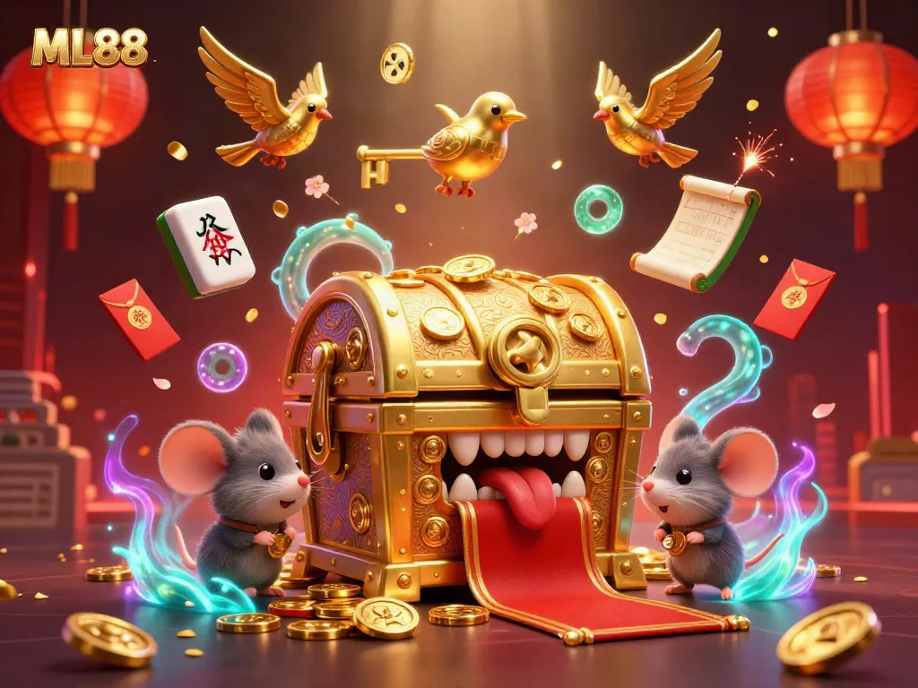 Adventurer mice are lured by ML88 treasure chest in a packed casino treasure scene.