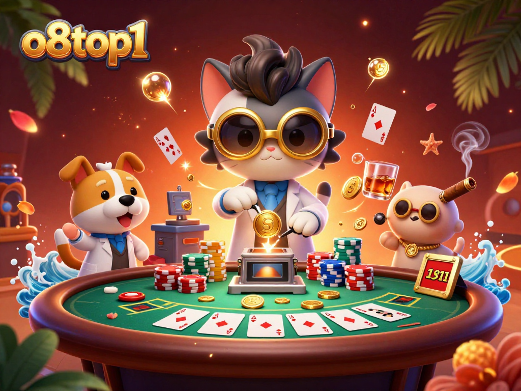 o8top1 showcases a vibrant 3D scene with a mad scientist cat and poker elements, embodying casino excitement.