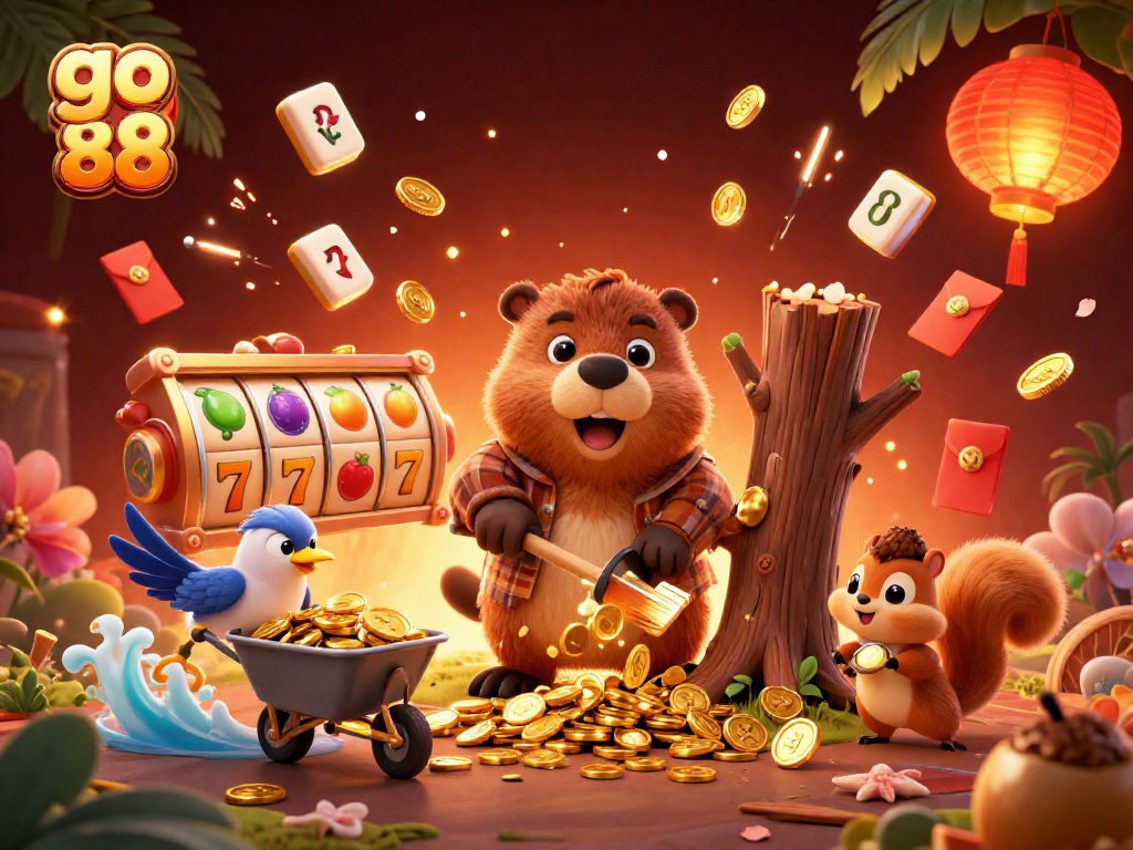 Spin and win with go 88 as cartoon characters gather golden coins amidst vibrant casino elements.