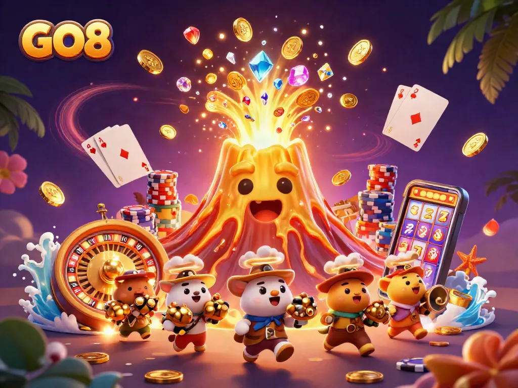 Engage with the vibrant GO8 casino experience featuring exploding coins and treasures.