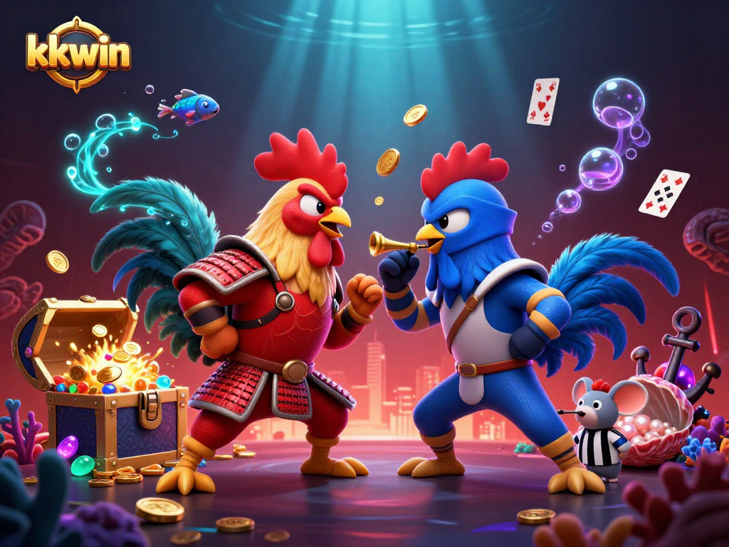 Engage in thrilling KKWIN action with dynamic cartoon fighting roosters amidst vibrant casino elements.