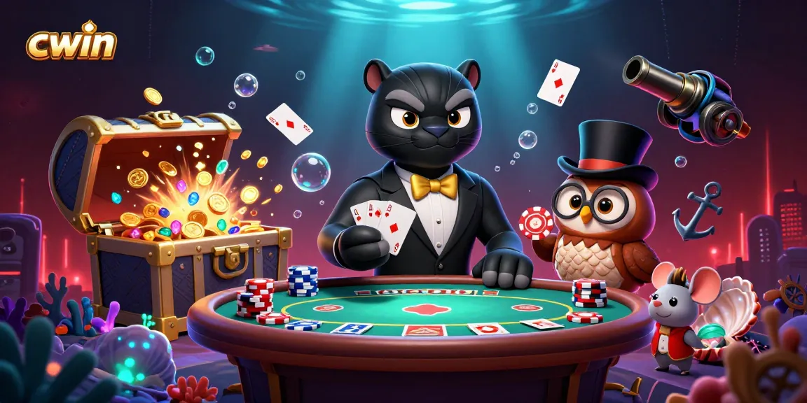 cwin's vibrant casino atmosphere with a fashionable panther, wise owl, and lucky mouse exploring poker