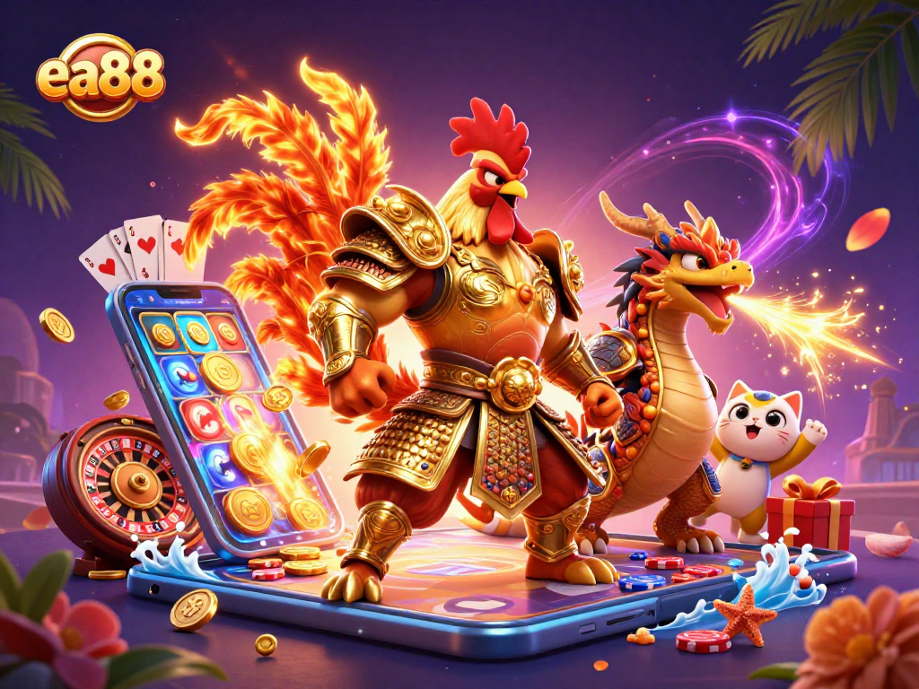 Experience thrilling moments at ea88 casino with a legendary rooster warrior, dragon hatchling, and vibrant game elements.