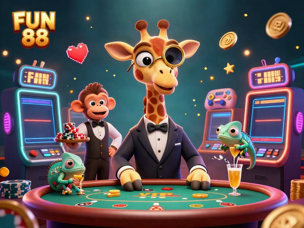 Experience lively FUN 88 action in a vibrant casino scene with lively characters and dynamic slot machines.