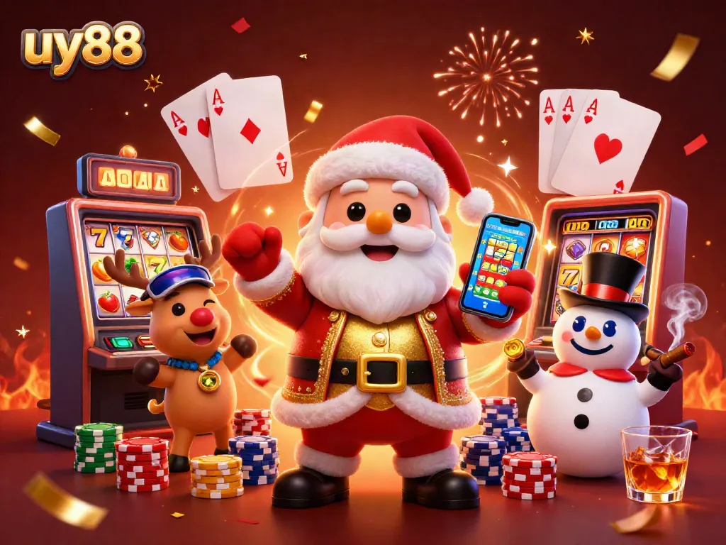 Play jackpot slots at uy88 with festive casino characters in a colorful 3D scene.