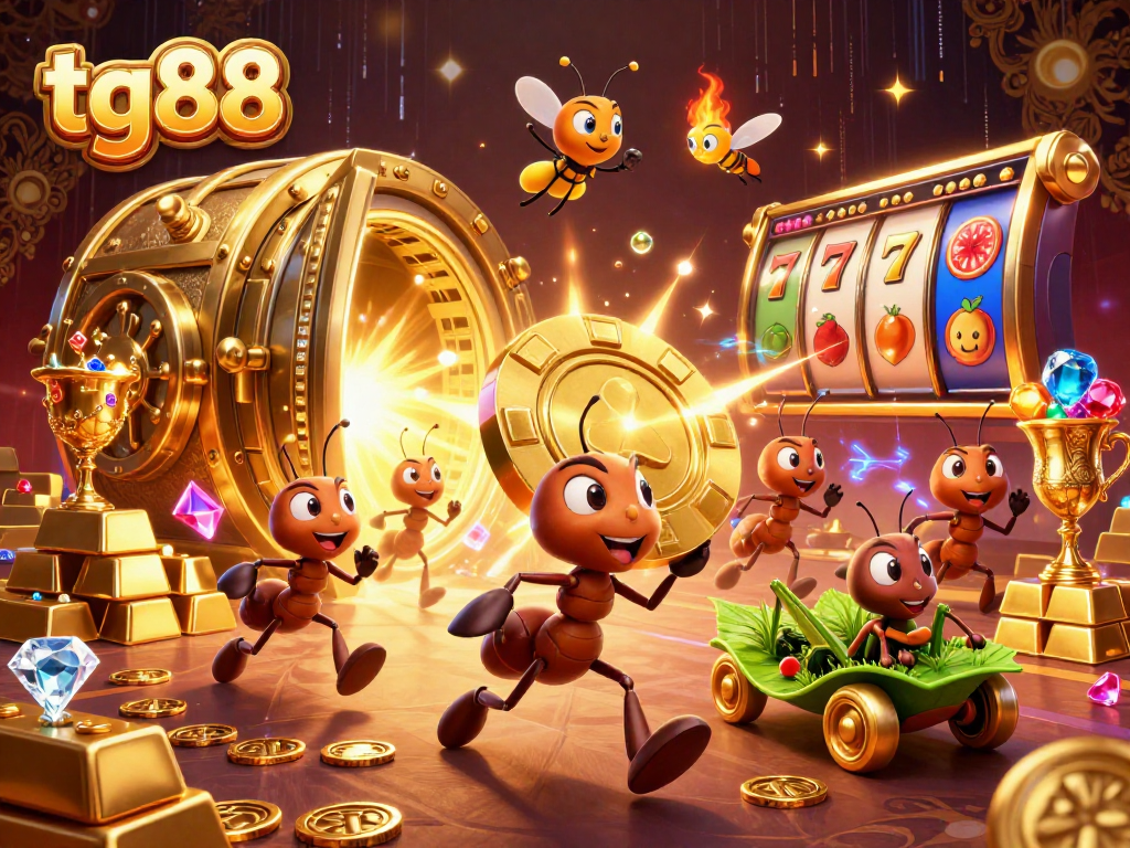 Ants stealing a giant poker chip in a tg88 casino adventure, a vibrant illustration of their heist.