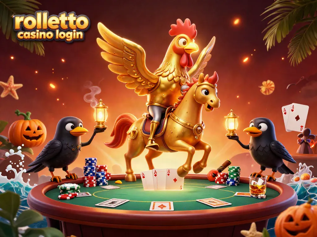 Engage with rolletto casino login scene featuring a golden rooster and poker elements in a vibrant casino.