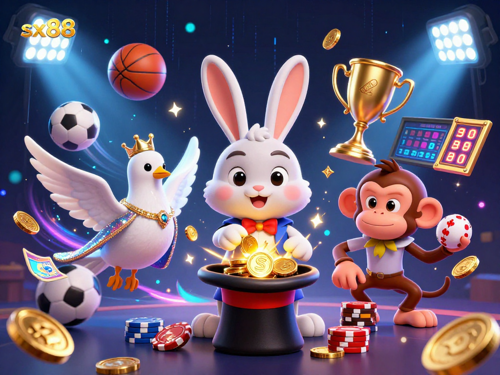 SX88 brings excitement with a magician rabbit, assistant dove, and monkey amidst vibrant casino elements