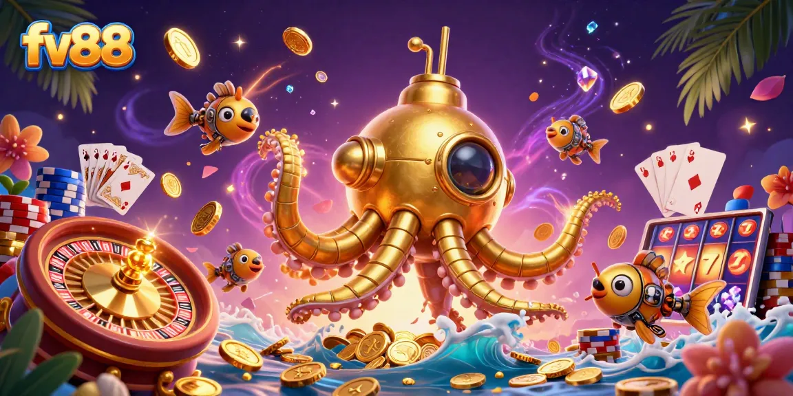 Experience exhilarating gameplay at fv88 with a golden kraken submarine amidst festive casino elements.