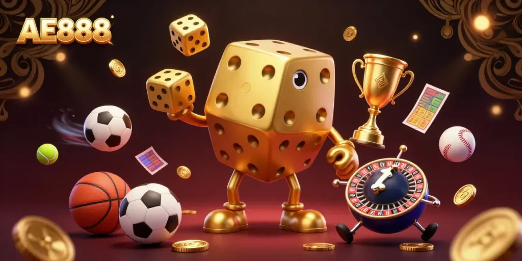 Engage with AE888's vibrant online gaming scene featuring characters and sports elements.