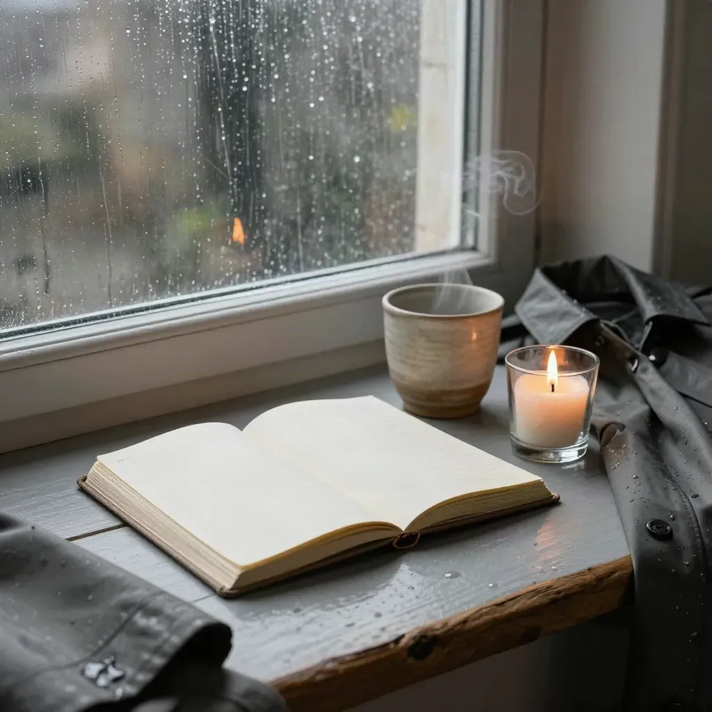 Rainy kitchen sill with prayer notebook, cup, votive candle, and damp coat edge.