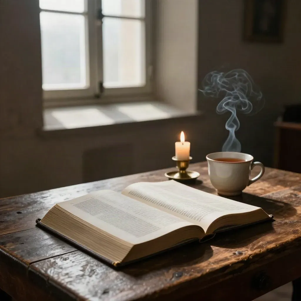 Open Bible, candle smoke, and tea cup on a chapel table in dawn light.