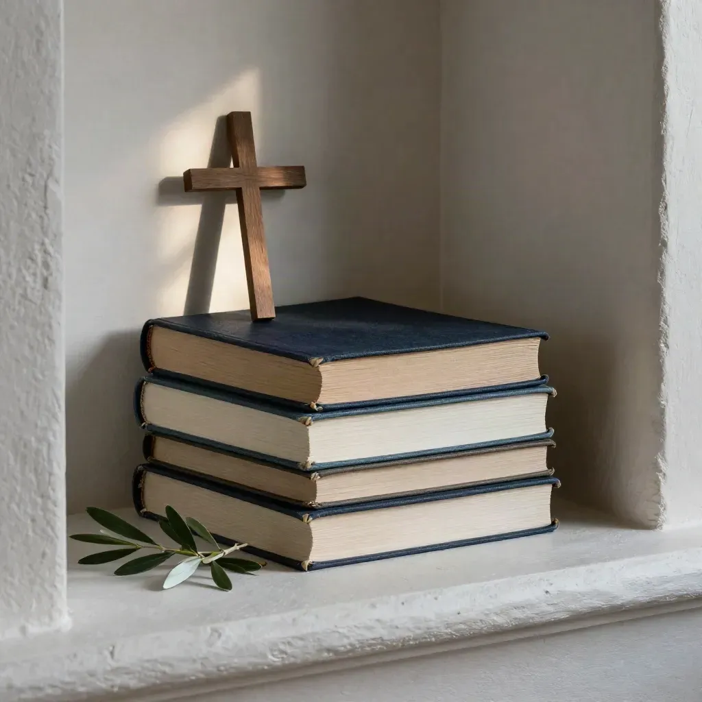 Cross and stacked Bible commentaries on a plaster ledge with olive branch in dusk light.