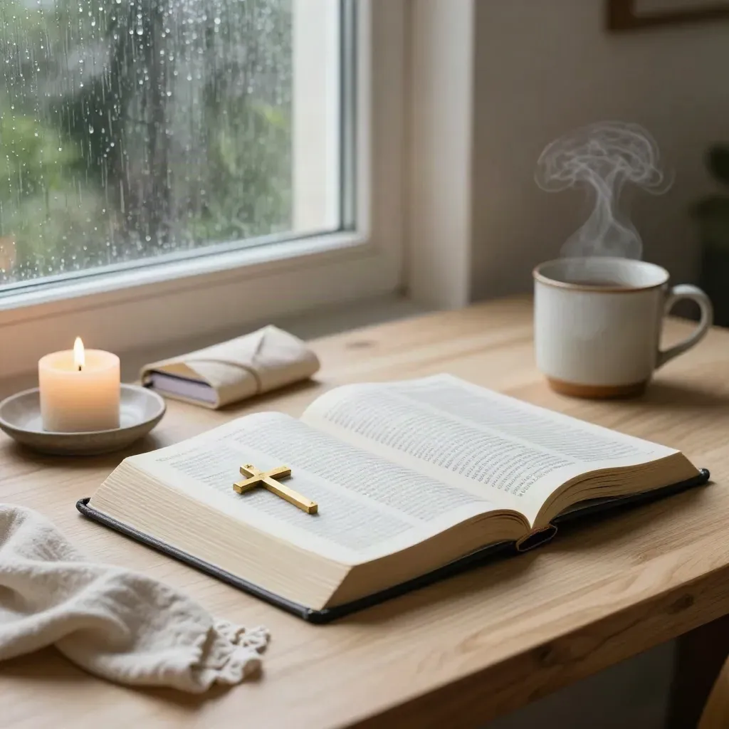 Bible study still life with cross, candle, notebook, mug and linen in warm morning light