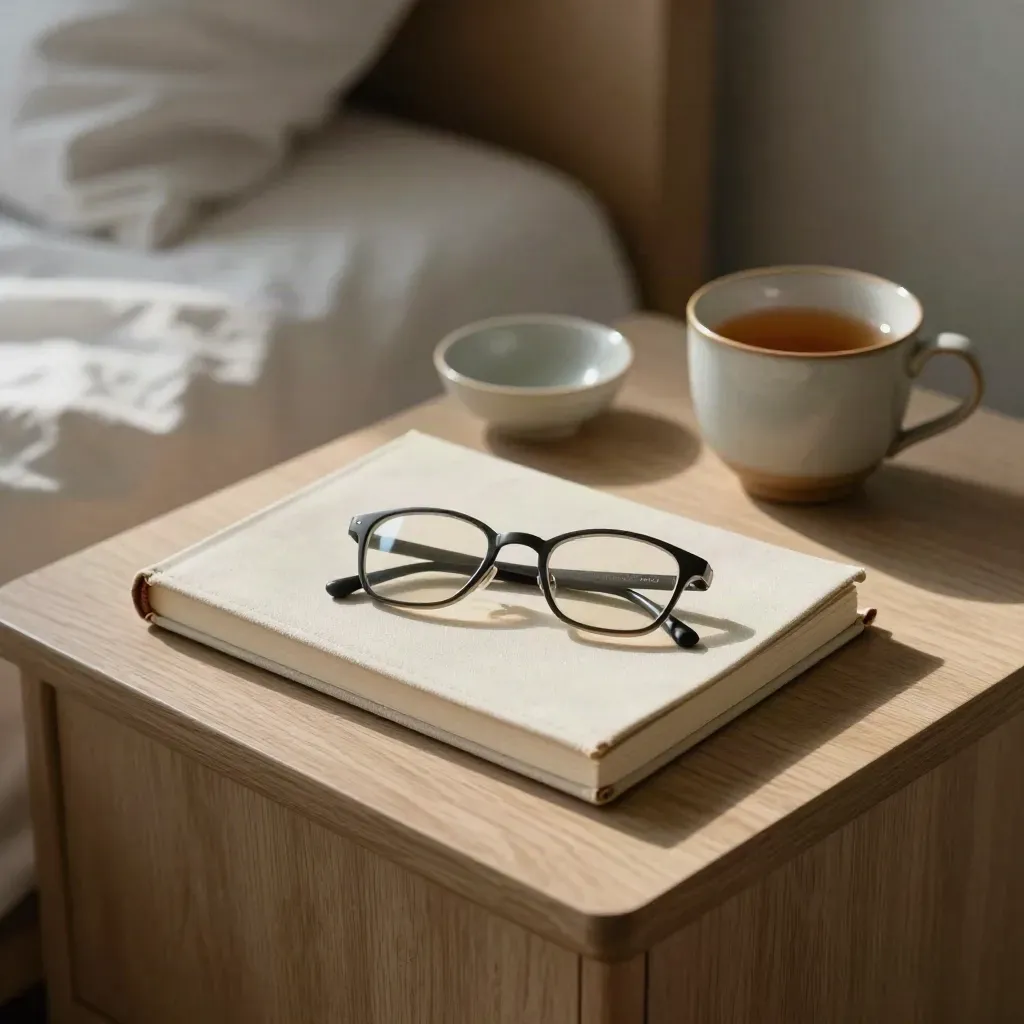 Prayer journal, glasses, tea and ceramic bowl on a bedside table in dawn light.