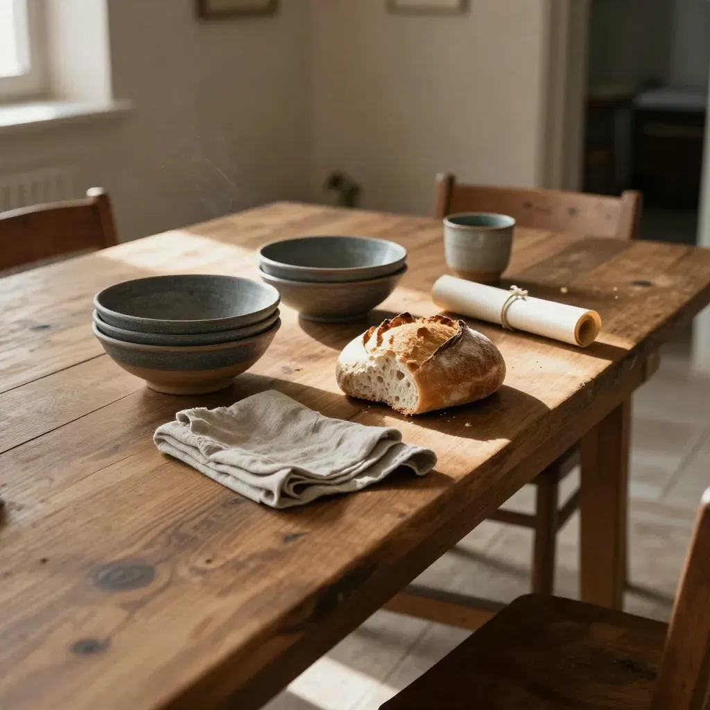 Shared table with bread, bowls, linen, and a cord-tied letter in warm afternoon light