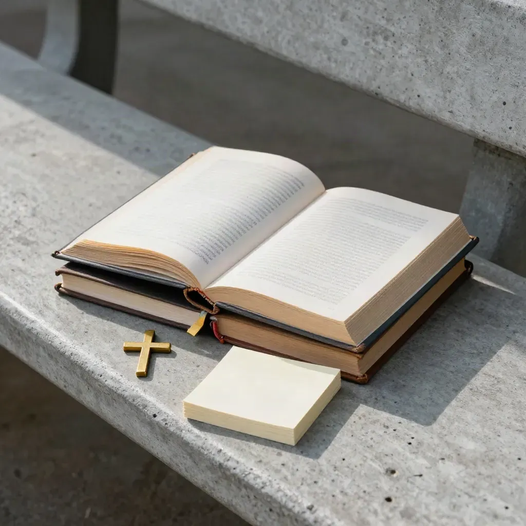 Open study books, brass cross, and note cards on a concrete bench in soft daylight.