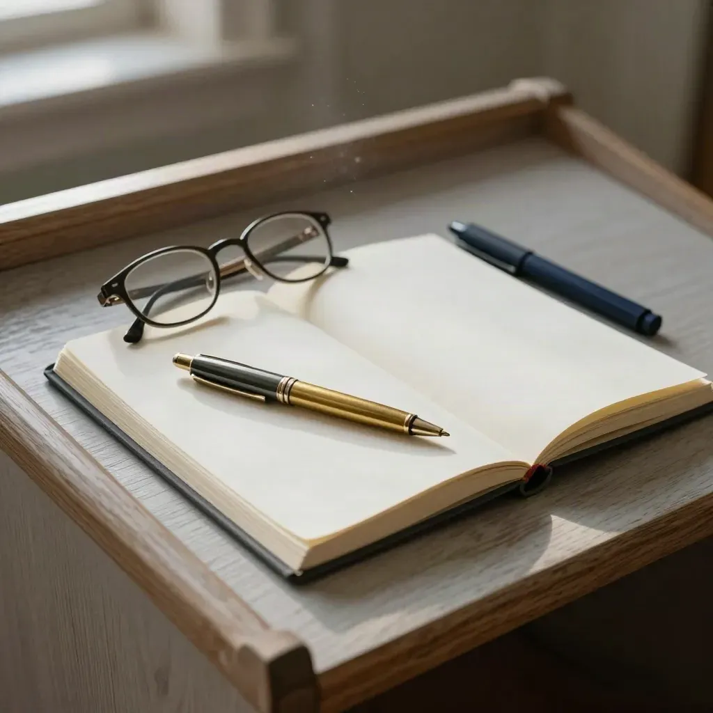 Open sermon notebook with pen and glasses on a pale oak lectern in soft church light