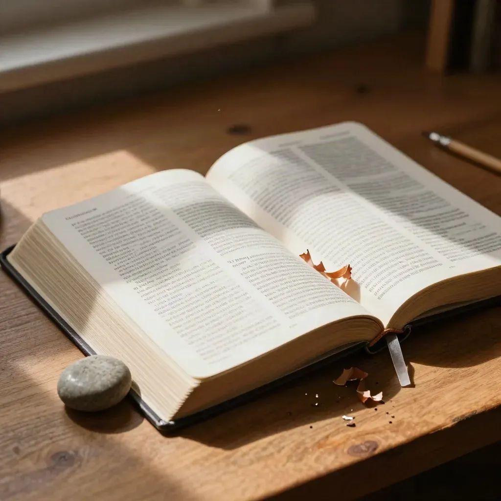 Open Bible with stone paperweight, bookmark, and pencil shavings in warm afternoon light.