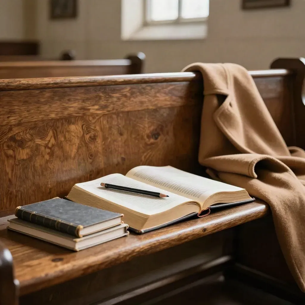 Open Bible, pencil, notebooks and folded coat on a chapel pew in soft morning light