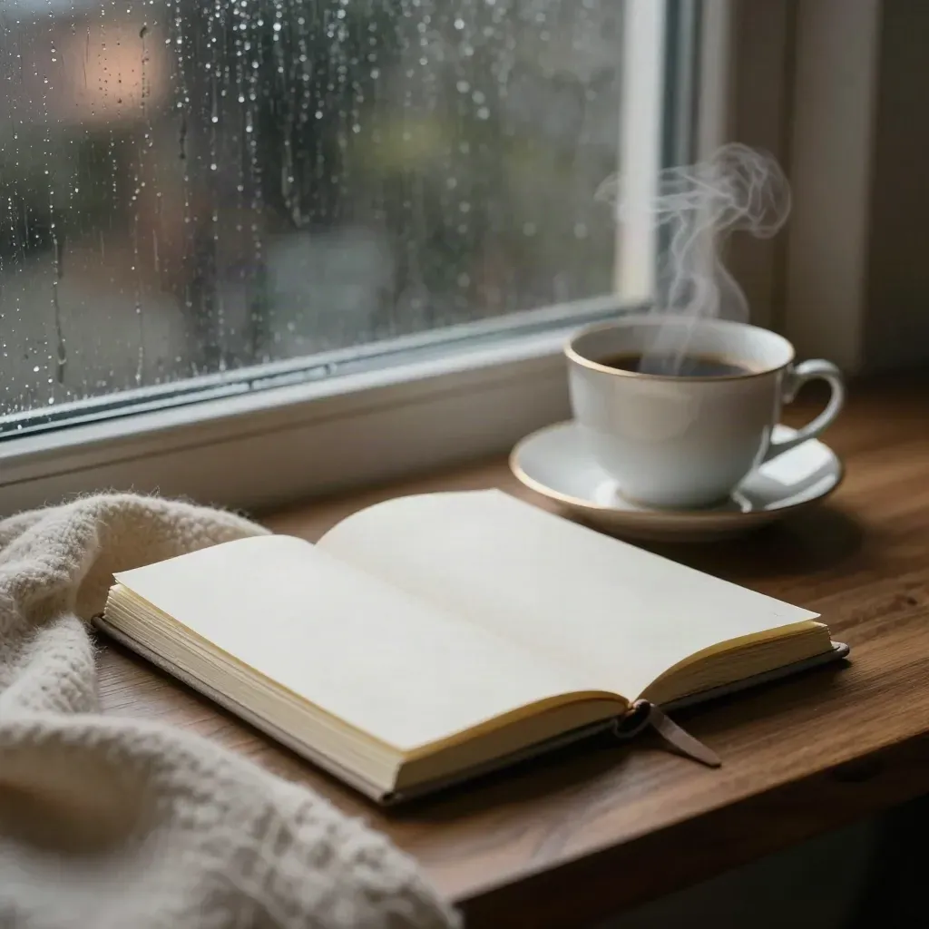 Prayer notebook and steaming teacup beside a wool throw on a rainy window table.