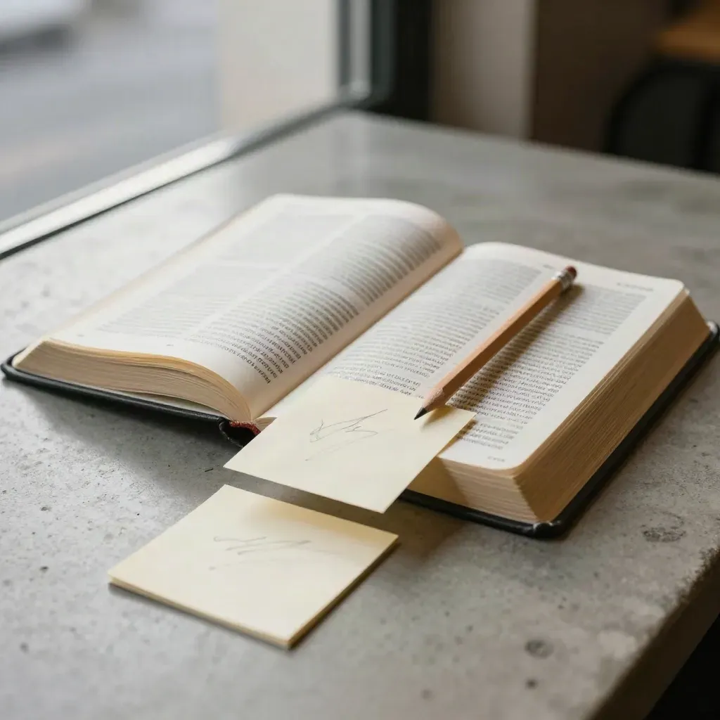 Open study Bible, two cards and a pencil on a concrete café table by a blurred window.