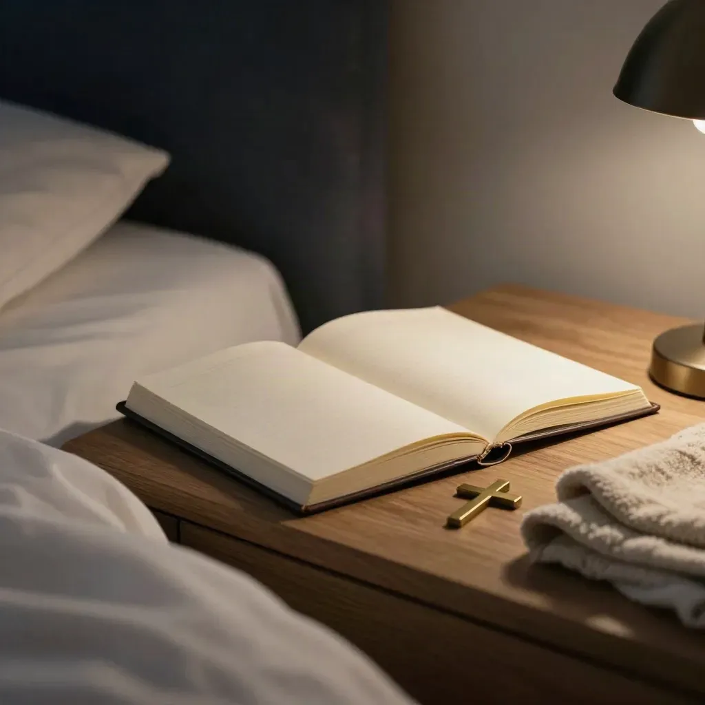Prayer journal, small cross and folded blanket beside a glowing bedside lamp on a wood nightstand.