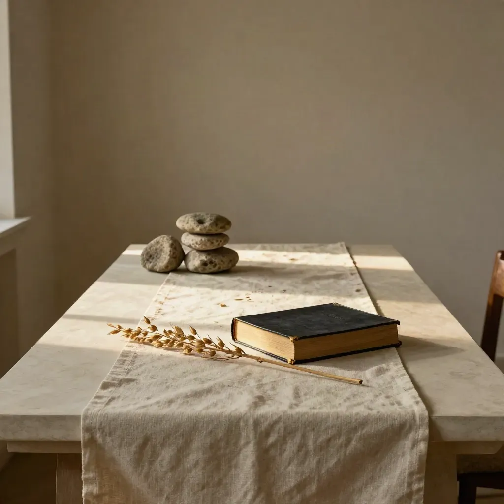 Closed Bible, stacked stones, dried branch and linen runner on a plaster wall table in warm evening light.