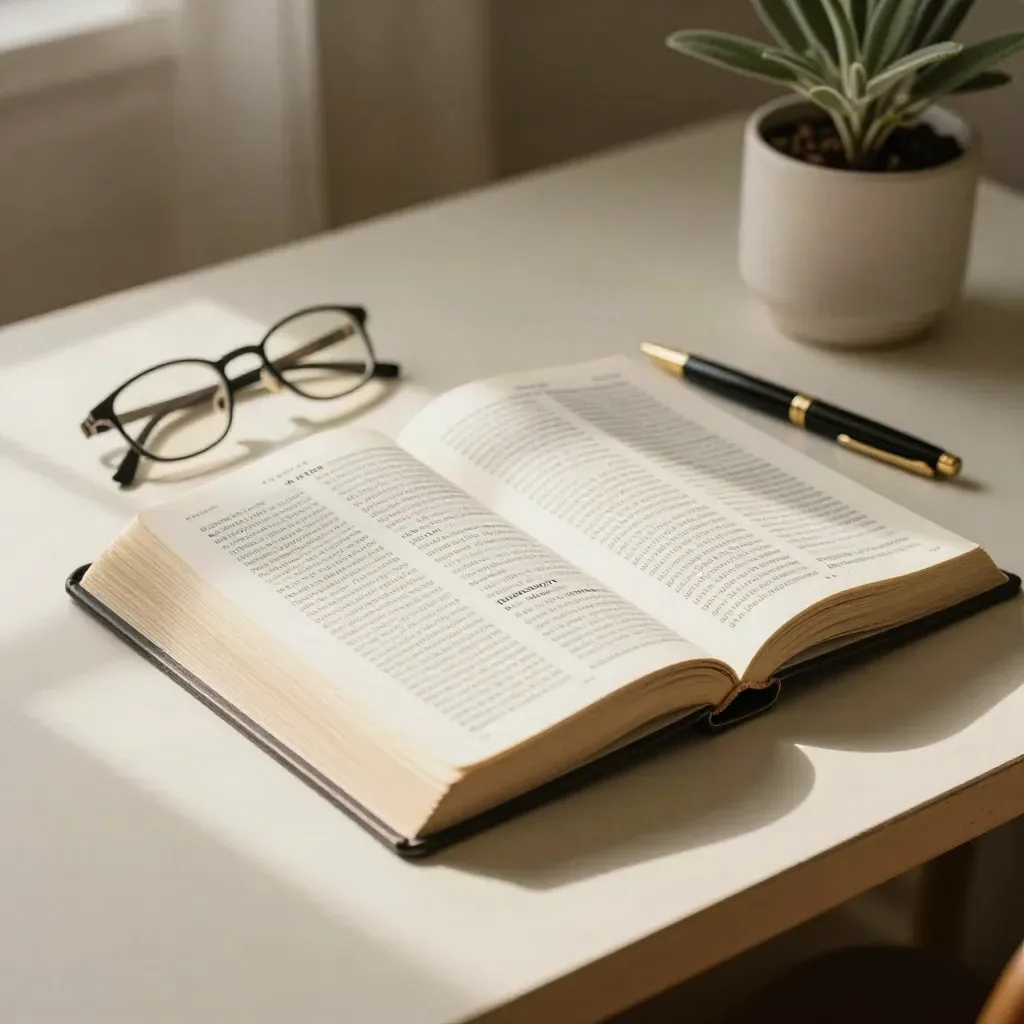 Study booklets, glasses, and pen on a cream desk beside a small sage plant, in warm window light.
