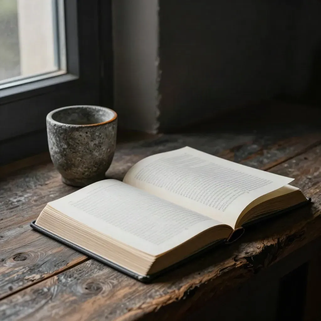 Half-open Bible, blank notebook, and stone cup on a timber ledge by a dark window.