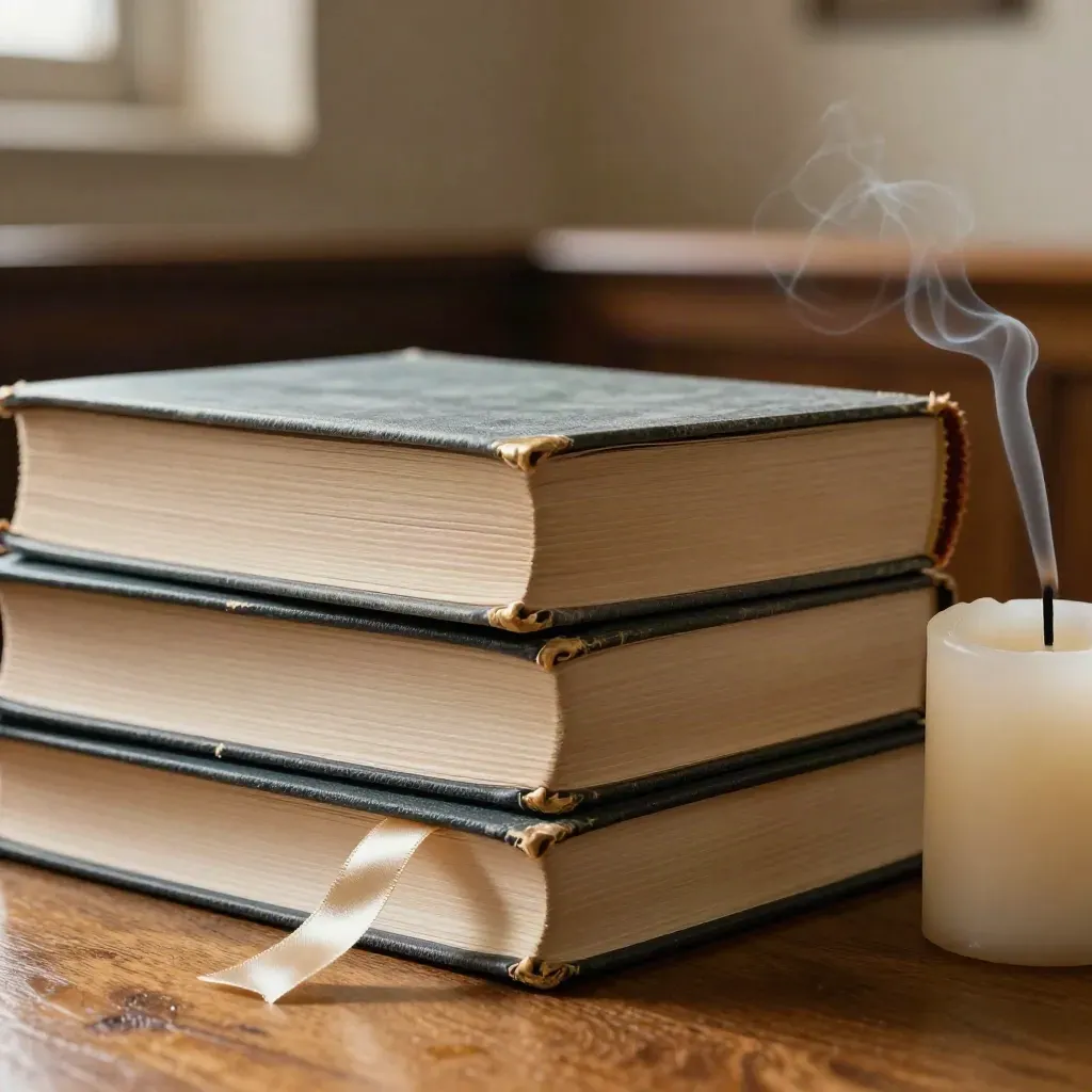 Bible study books with bookmark ribbons and a candle on a church hall table in soft morning light.