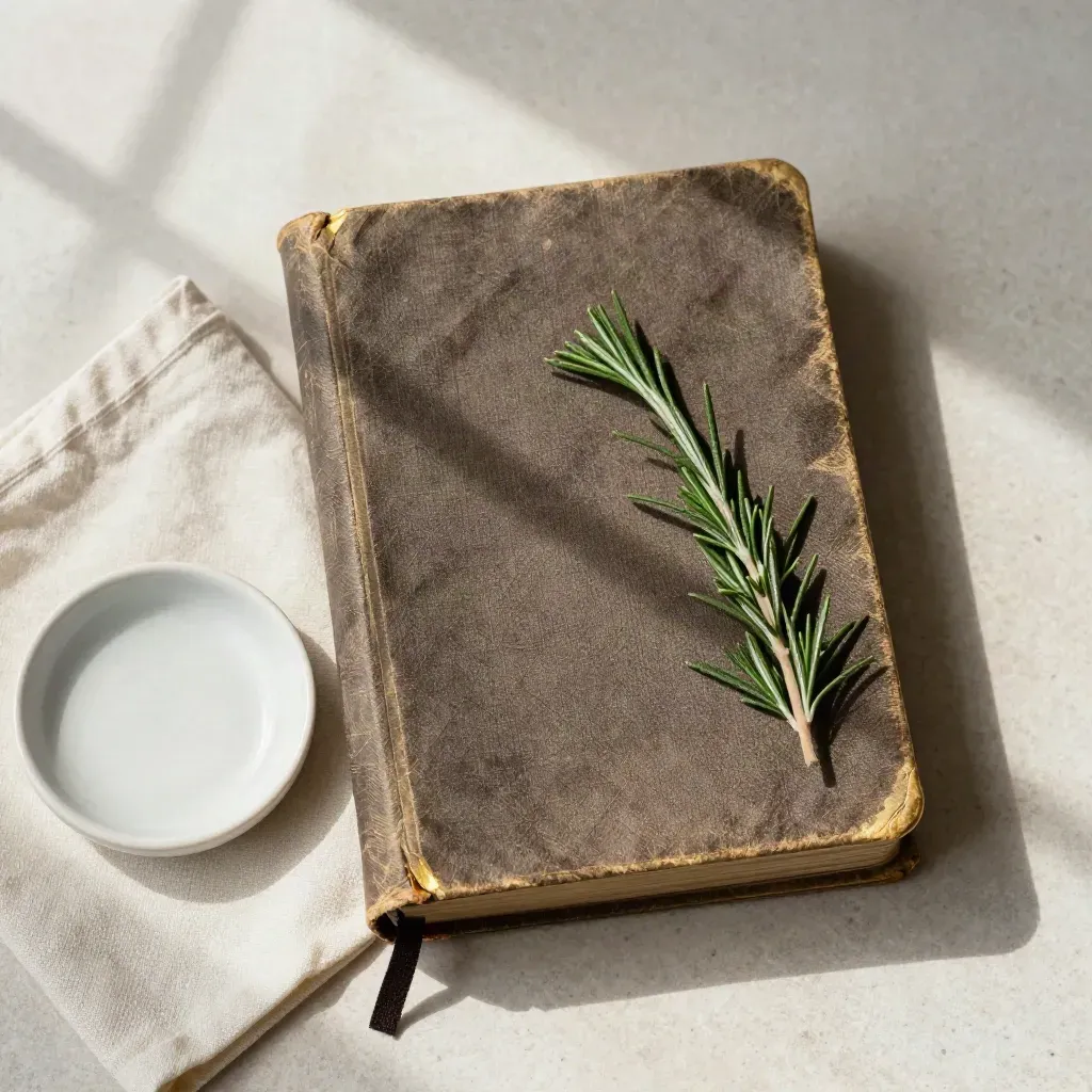 Overhead Bible flatlay with rosemary, ivory cloth, and ceramic dish