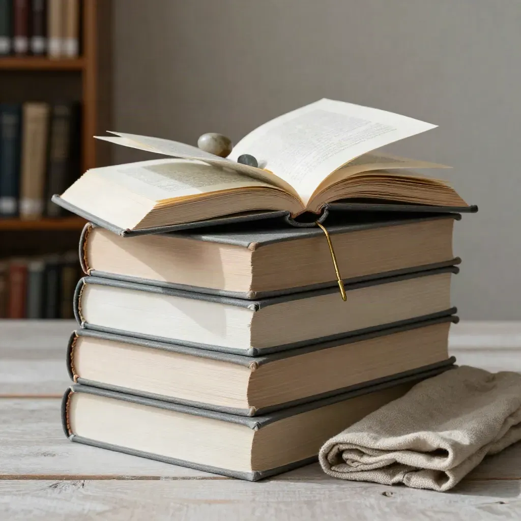 Stack of apologetics books with stone sphere, brass bookmark, and linen on pale wood.