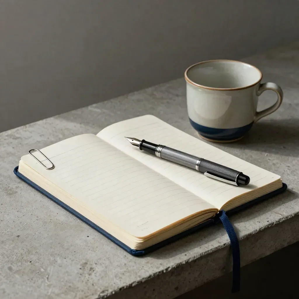 Open sermon notebook with pen, clip, and ceramic cup on concrete