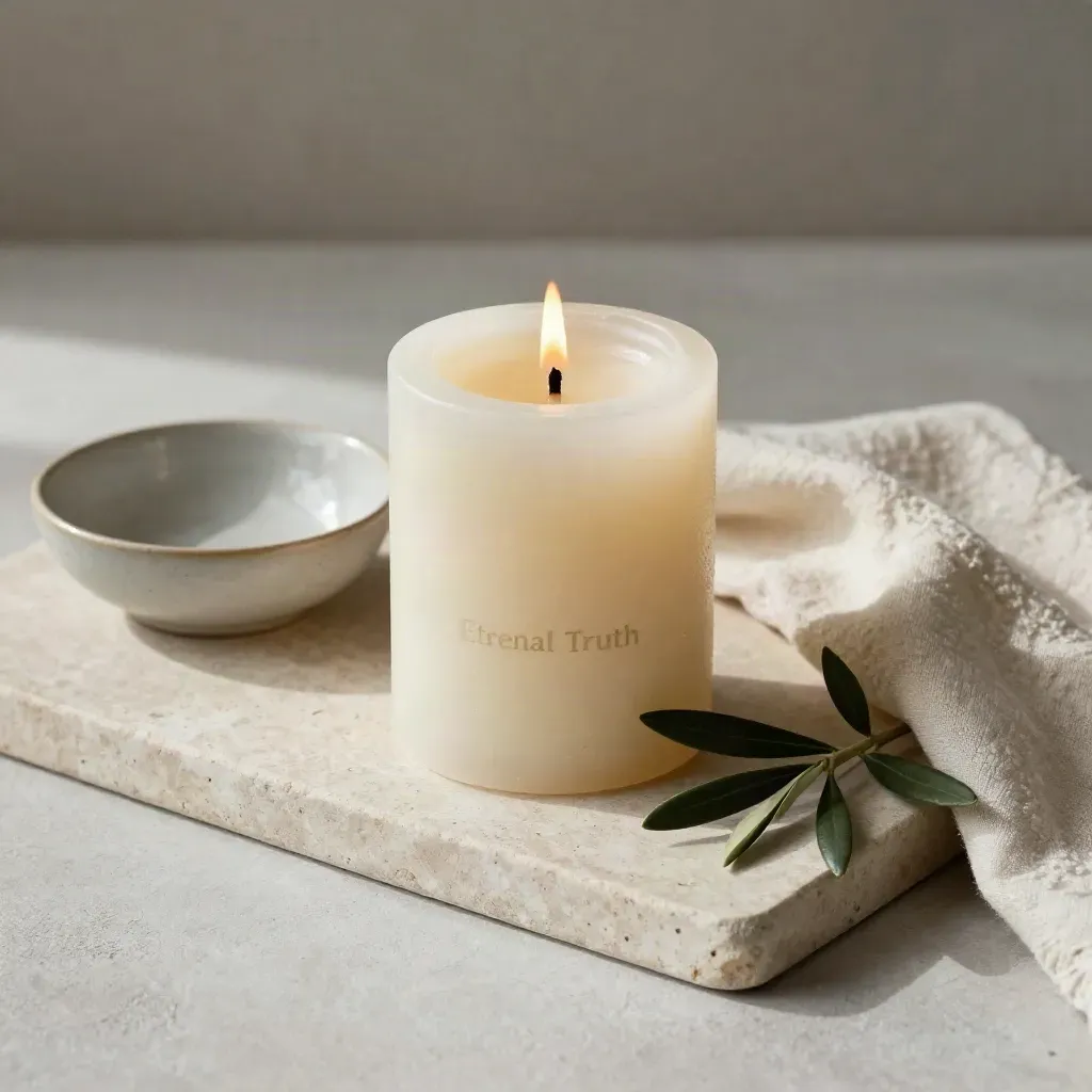 Beeswax prayer candle with bowl, linen cloth, and olive stem on a stone tray
