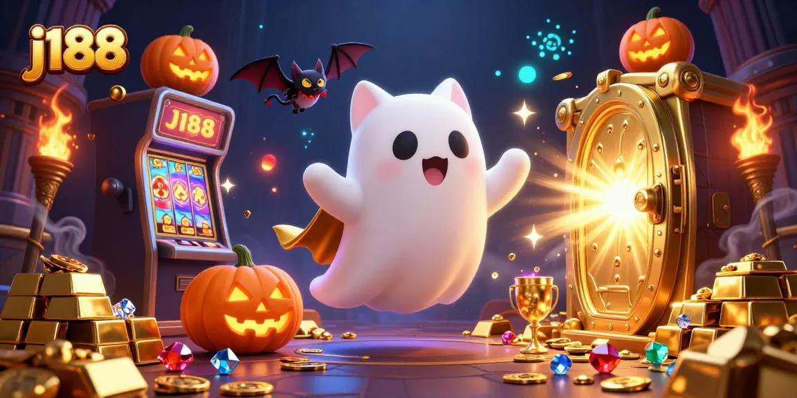 j188's friendly ghost cat and vampire bat explore a haunted casino mansion with glowing treasures