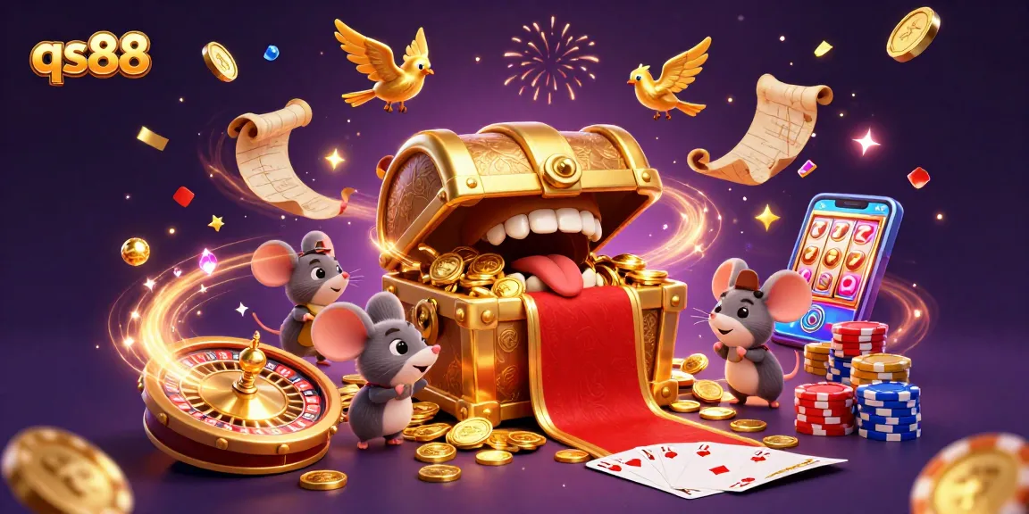 Engage in exciting gaming adventures with qs88's 3D treasure-themed digital illustration showcasing vibrant casino elements.