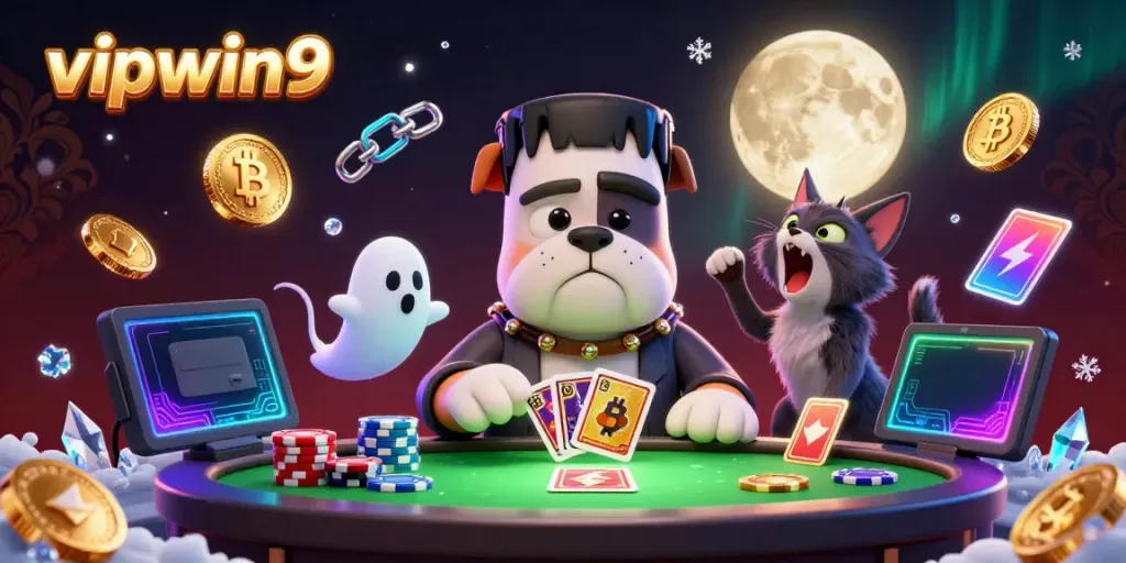 Engage with vipwin9 as ghost mouse and werewolf kitten join Frankenstein bulldog at a vibrant gaming table.
