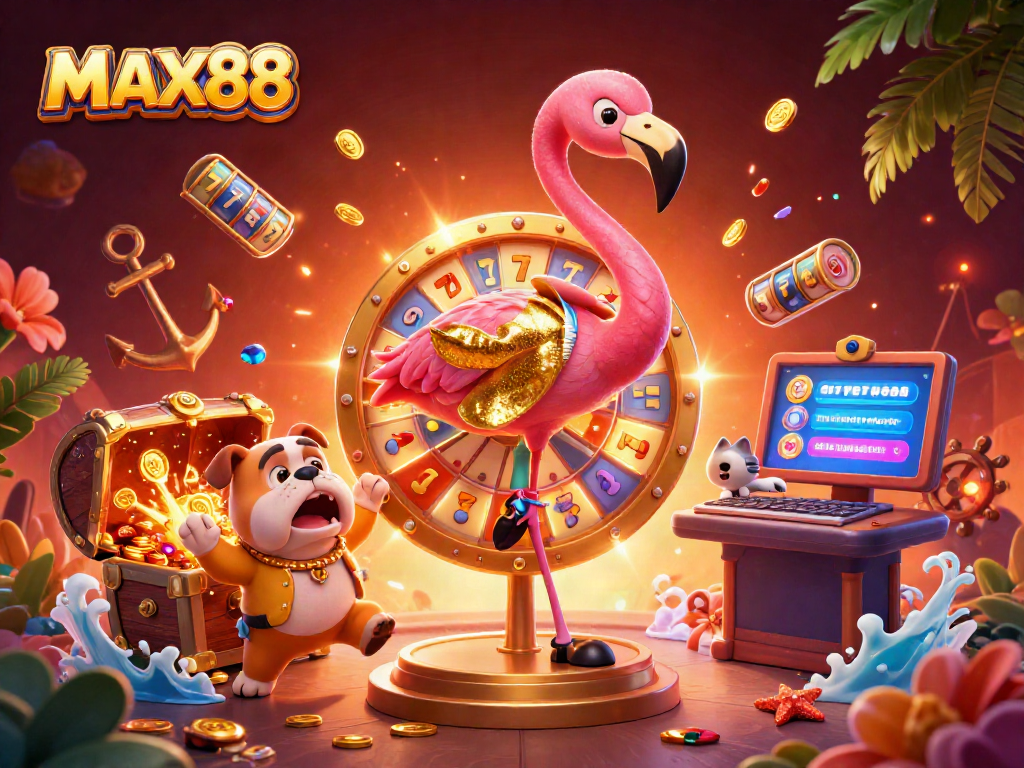 MAX88 brings excitement with a flamingo game show host and lively bulldog contestant in a vibrant casino setting.