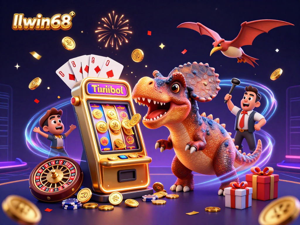 llwin68 brings excitement as a pachycephalosaurus hits a jackpot, with golden coins flying everywhere, creating a thrilling casino scene.