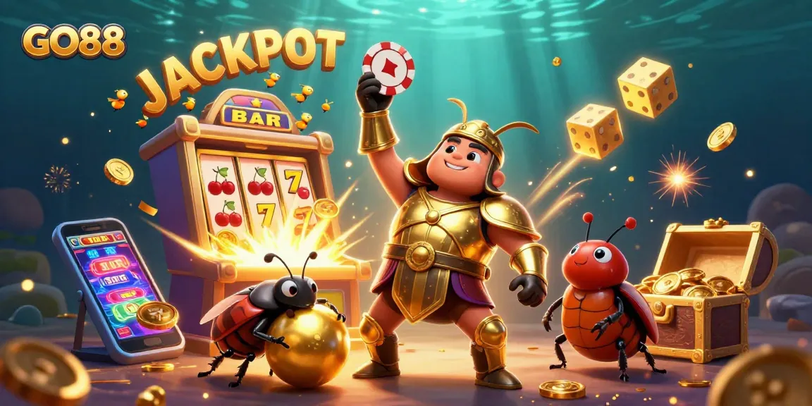 Experience the excitement at GO88 with a jubilant beetle and immersive casino elements.