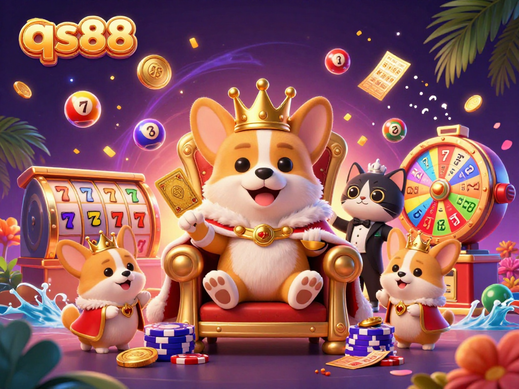 Experience qs88 excitement in a vibrant 3D gambling scene with corgis, a royal throne, and dynamic casino elements.