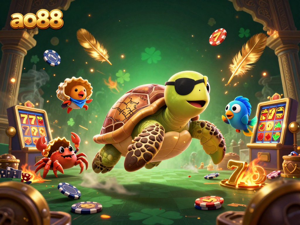 Experience the thrill at ao88 with pirate turtle, crab, and parrotfish in an exciting casino setting.