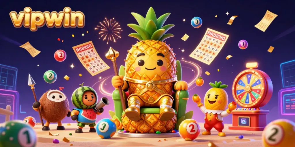 Experience the excitement of vipwin with a vibrant illustration of a casino scene featuring a golden pineapple king and game elements.