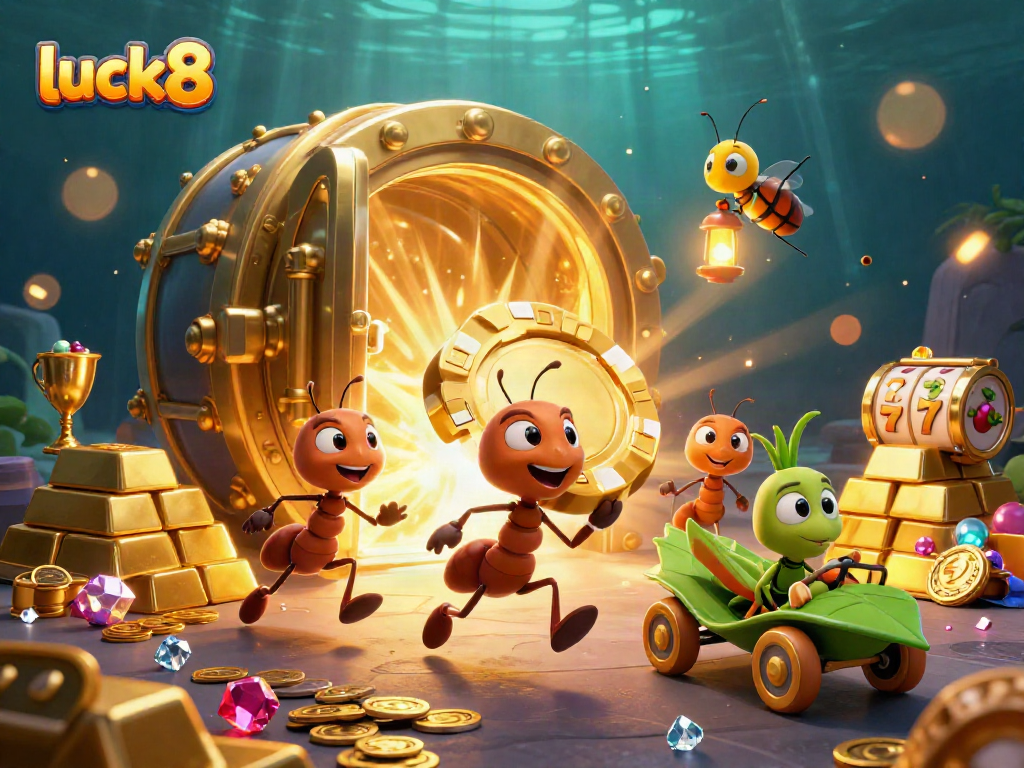 Watch luck8's 3D cartoon ants' epic heist with golden poker chips in a vibrant casino scene.