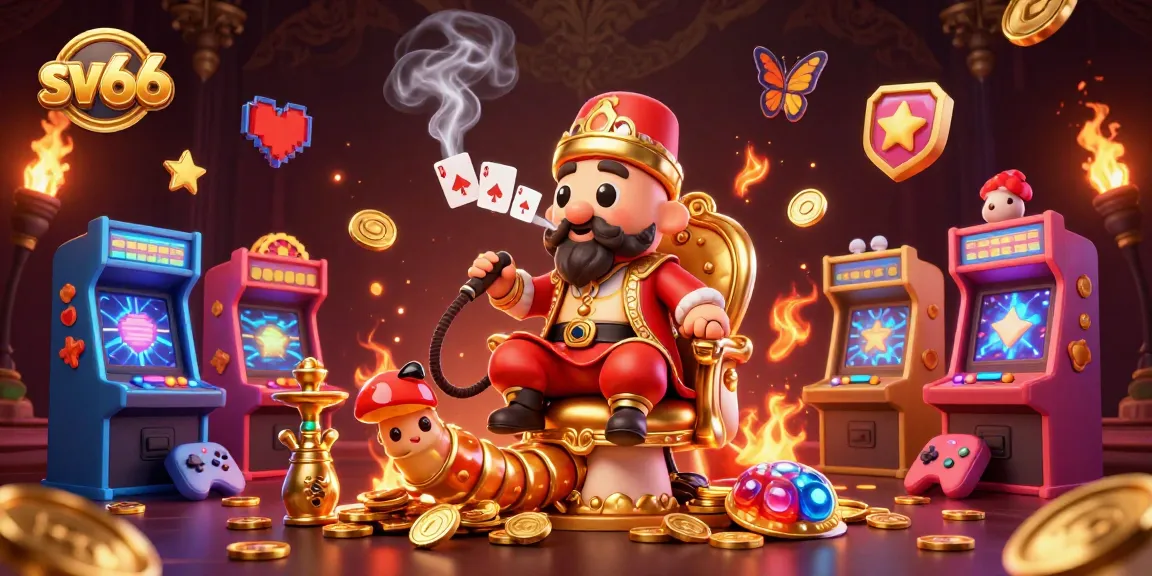 Experience sv66 with the caterpillar hookah-master in a vibrant casino scene, showcasing poker symbols and arcade elements.