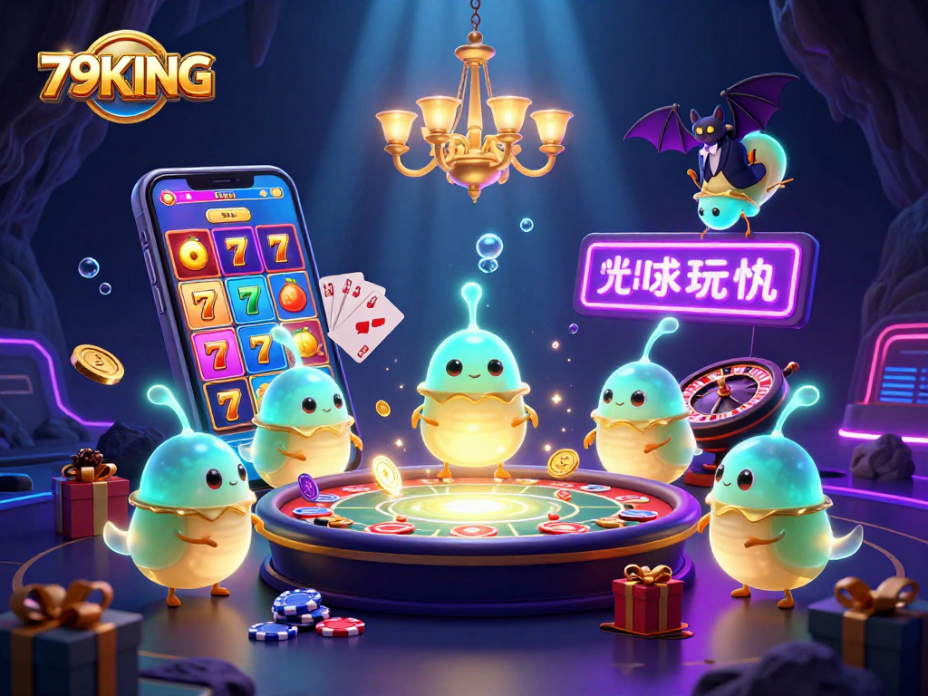 Win big with 79KING as glowworms illuminate a vibrant cave casino scene filled with engaging game elements.