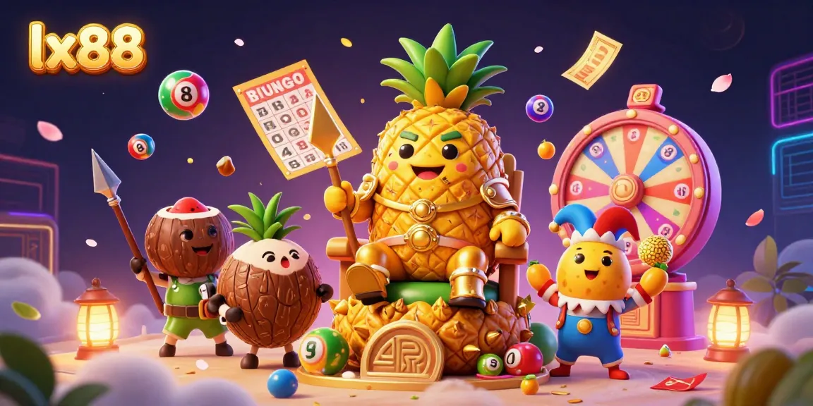 Engage in thrilling games at lx88, showcasing vibrant casino fun with a golden pineapple king.